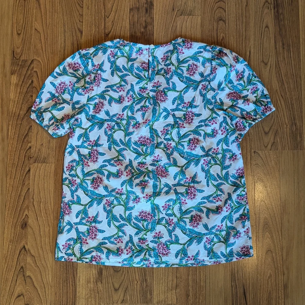 J. Crew Floral Puff Sleeve Top in White and Blue, Size XS